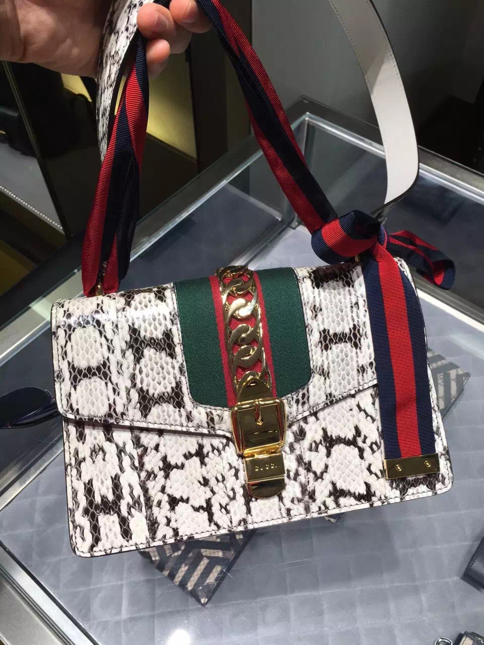 Gucci Sylvie Snake Shoulder Bag 421882 LOOAG 9375 Grey Snake